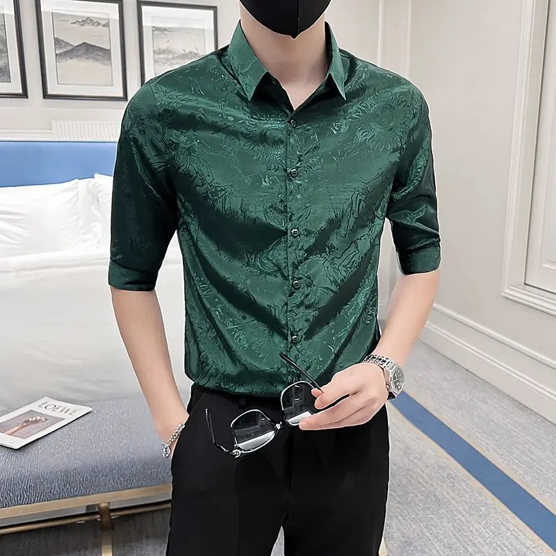 Summer Elegant Fashion Harajuku Slim Fit Ropa Hombre Loose Casual All Match Outerwear a Peaked Collar Solid Middle Sleeve Blusa