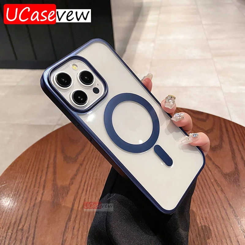 Custodia Trasparente In Titanio Grigio Per Placcatura Magsafe Per Iphone 15 Pro Max Plus Cover Posteriore In Metallo Acrilico Per Iphone 15 Plus