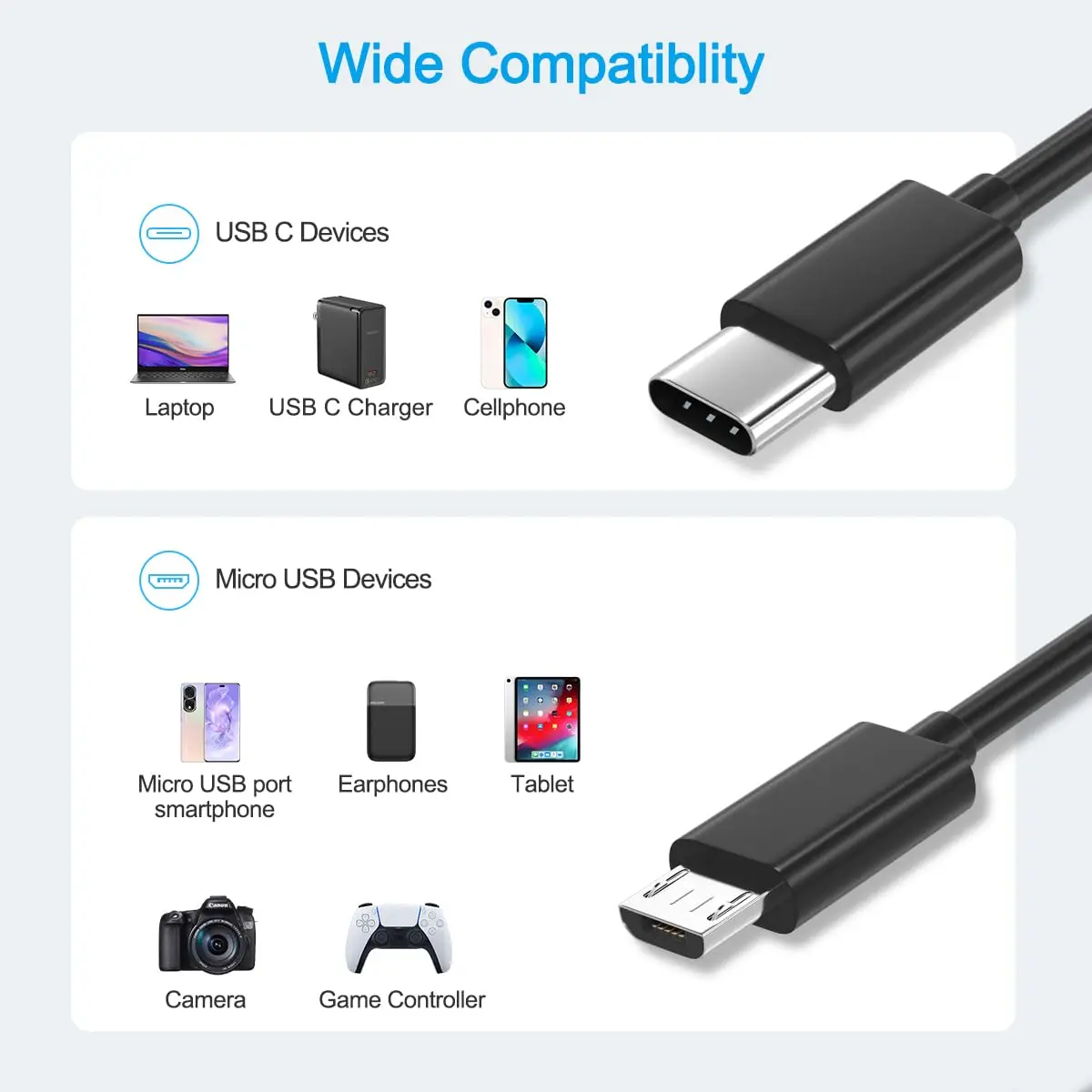USB C to Micro USB Charging Cable and Adapter