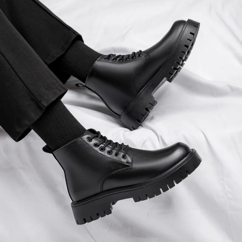 

men's casual platform boots black autumn winter shoes cowboy original leather boot party prom dress lace-up ankle botas zapatos