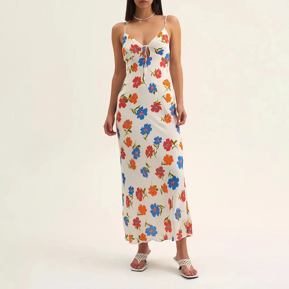 

High quality! 2024 summer new resort style colourful floral print waisted halter dress