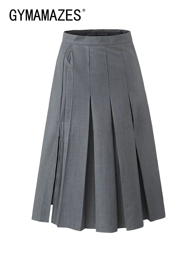 

GYMAMAZES Side Split Solid Skirts For Women High Waist Patchwork Ruched Summer Minimalist Temperament Skirt Female Fashion New