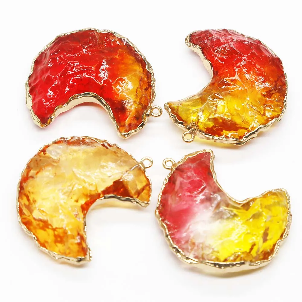 Natural Semiprecious Stone Yellow Red Crystal Crescent Gold Edged Necklace Pendant Charm Jewelry Gift Accessories Wholesale 8Pcs
