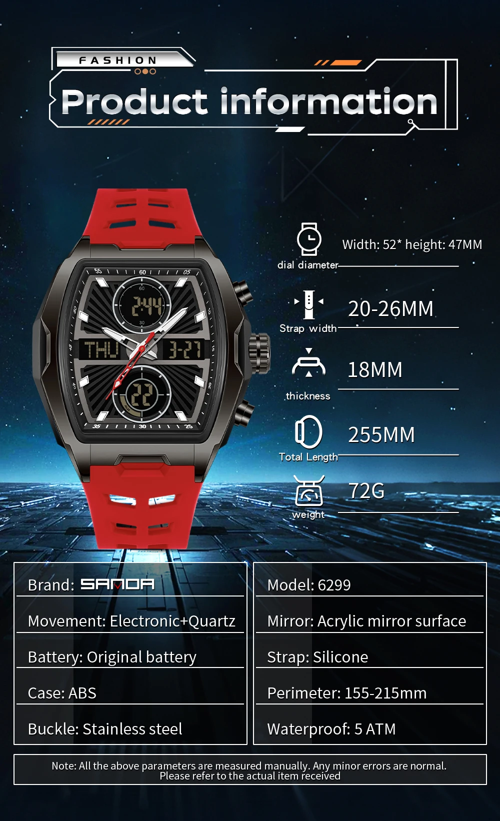 SANDA 6299 Electronic Quartz Watches for Man Fashion Tonneau