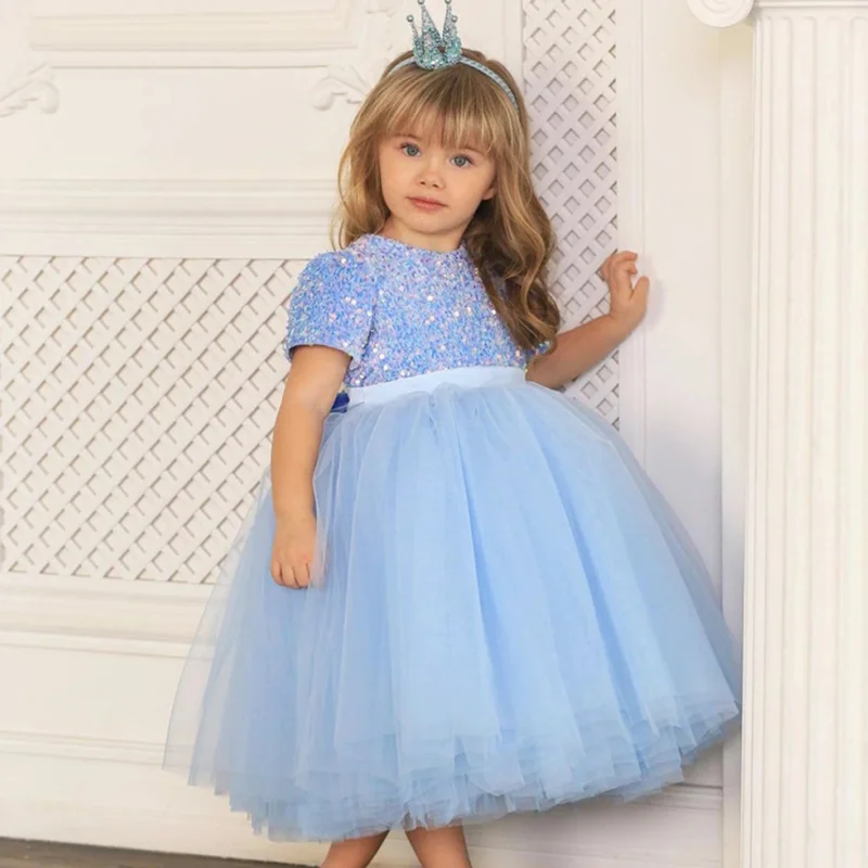 

Flower Girl Dresses Blue Puffy Sequin Top Tulle Skirt With Bow Short Sleeves For Wedding Birthday Banquet First Communion Gowns