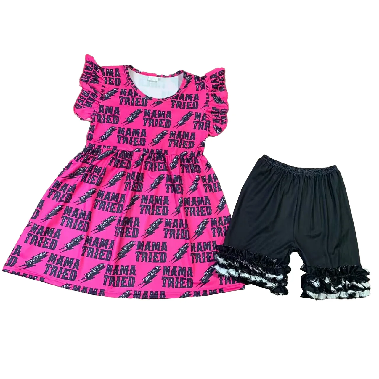 

Wholesale Toddler Girls Clothing MAMA TRIED Letter Lightning Print Pearl Sleeve Short Sleeve Tunic Top Black Shorts Sets