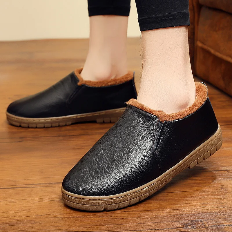 

Couple's Genuine Leather Winter Indoor Slippers Warm Plush Men Household Shoes Anti-Slip Comfortable Women Home Slippers