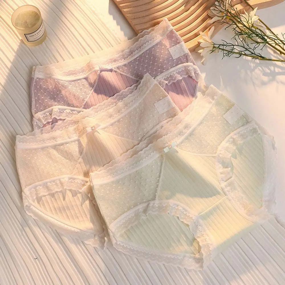 

Lovely Hollow Soft Middle Waist Breathable Underwear Stripe Sexy Women Briefs Lingeries Underpants Stitching Lace Panties