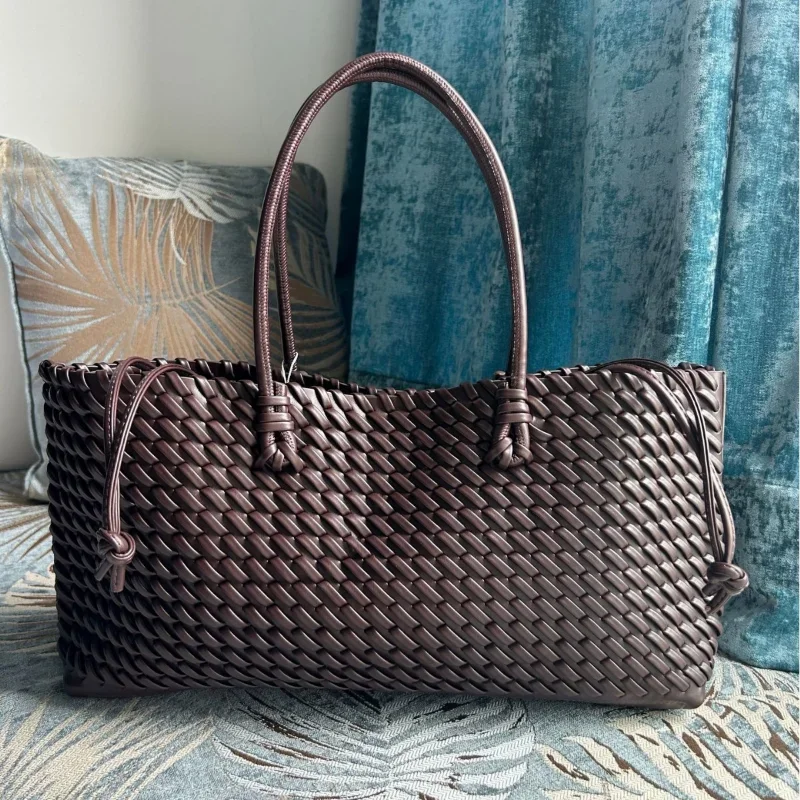 Borsa tote di lusso in PU intrecciato, borsa a tracolla allungata con manico superiore, borsa orizzontale con chiusura magnetica per lo shopping - immagine 3