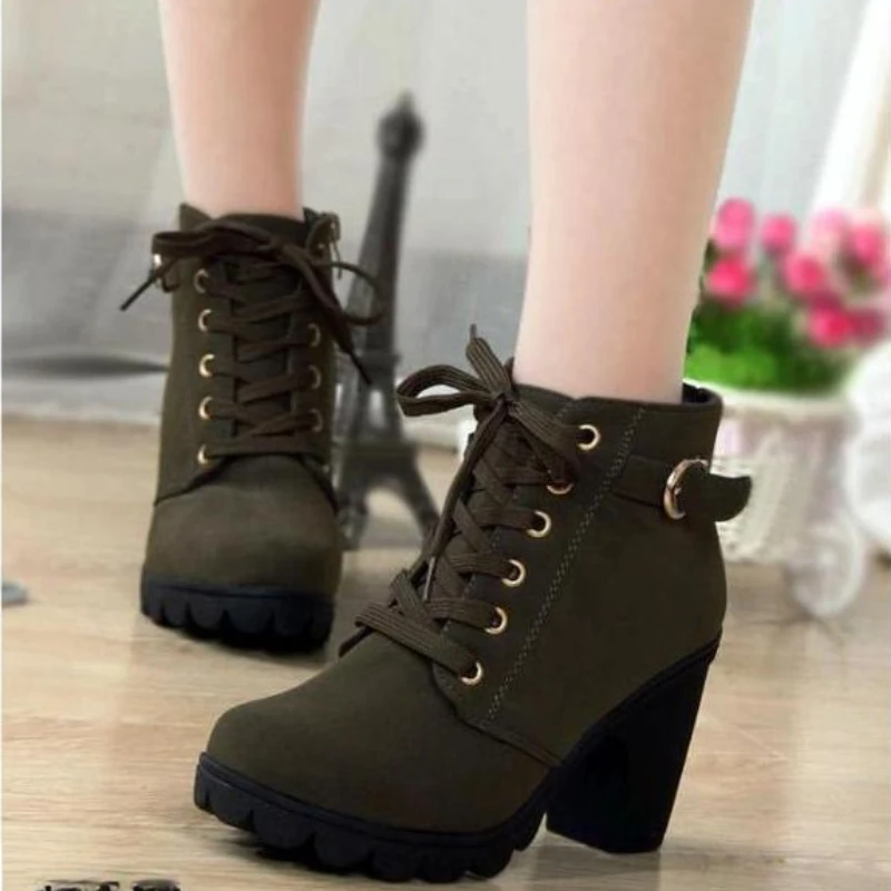 Boots Women Shoes Women Fashion High Heel Lace Up Ankle Boots Ladies Buckle Platform Artificial Leather Shoes bota feminina 2024