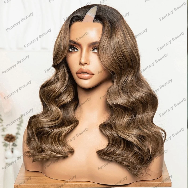 

Highlight Caramel Brown Blonde Human Hair Black Women U Part Wigs Easy Install Glueless 1x4 Middle V Shaped Part Wigs Adjustable