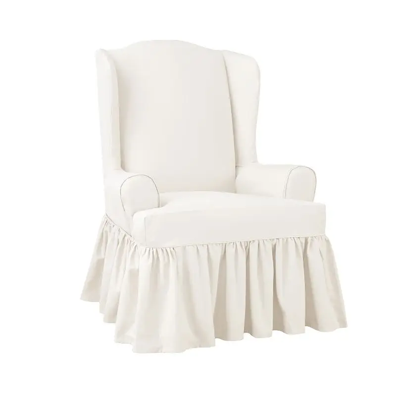 

White Twill Ruffle Wing Chair Slipcover for Delicate Style