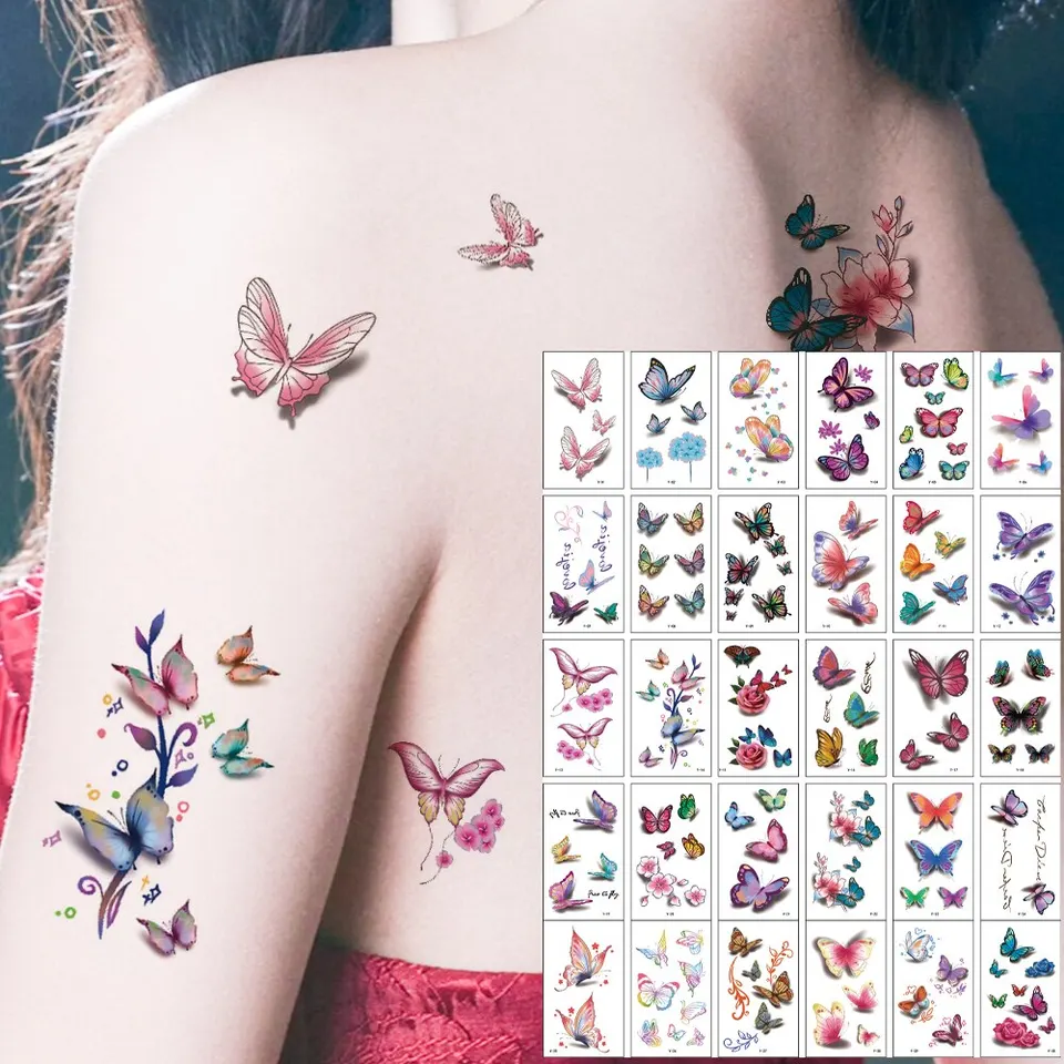30 pezzi adesivo tatuaggio temporaneo impermeabile 3D colore farfalla rosa  fiore piuma tatuaggio finto tatoo body art per ragazza donna uomo -  AliExpress, image size:960x960