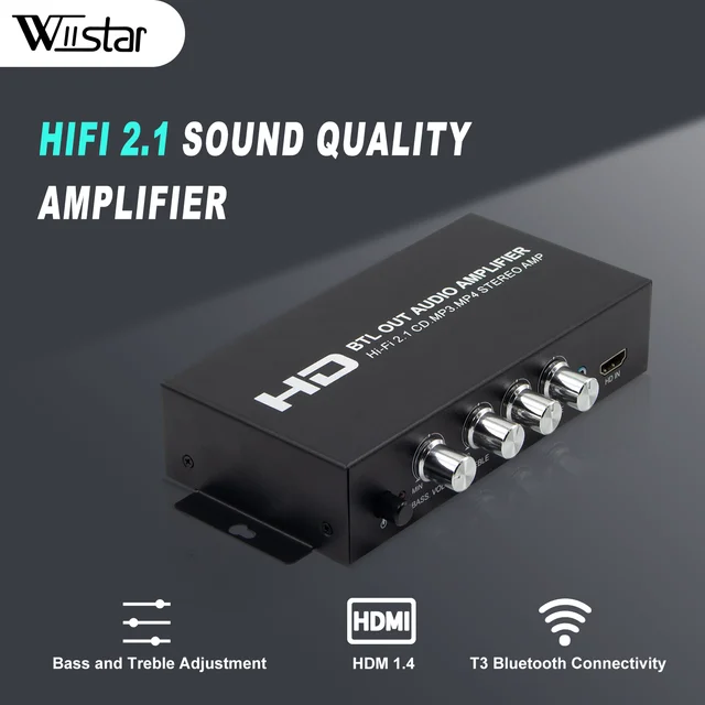 Wiistar 2.1 Channel HiFi Amplifier 80Wx2+80W Power HDMI RCA AUX Bluetooth Input Bass Treble Control Car Home Audio Power Amp