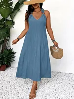2025 New Arrival - Elegant Blue Sleeveless V-Neck Dress with Ring Detail, Lightweight Stretch Fabric, Perfect for Spring/Summer, - Image 3