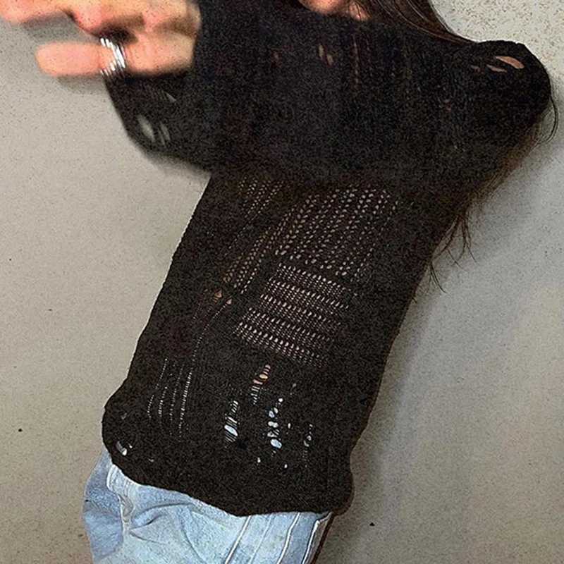 Ripped Women Full Length Pullovers Knitting Loose Casual Beggar Style Hollow Out Lady T-shirt Harajuku Streetwear Y2K