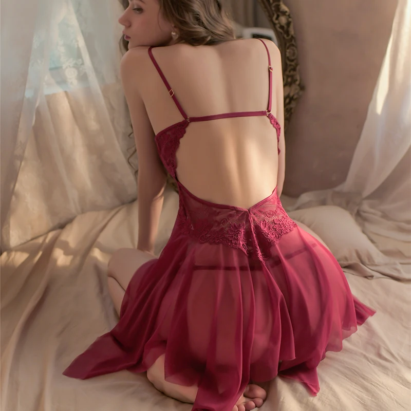 

Wedding Red Night Dress Sleeveless Backless Sexy Nightgown Steel Ring Gathered Bra Lace Erotic Pajamas Set Sheer Tulle Sleepwear