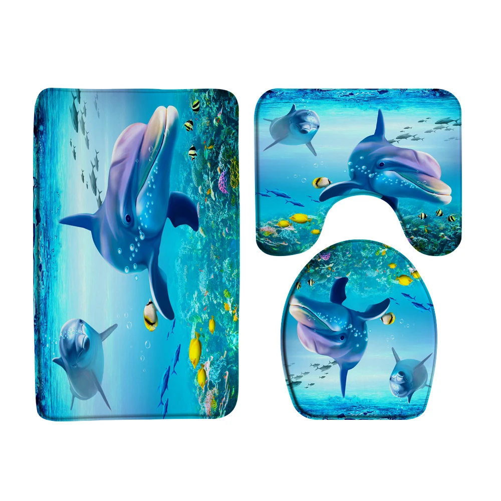 Ocean Creature Fish Dolphin Printed Shower Curtain Set with Rugs Waterproof  Bathroom Curtain Anti-slip Toilet Carpet Home Decor - AliExpress, image size:1000x1000