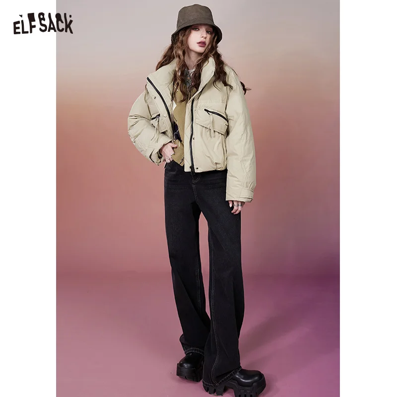 ELFSACK Straight Baggy Jeans Women 2023 Winter High Waist Plus Size Korean Fashion Trousers