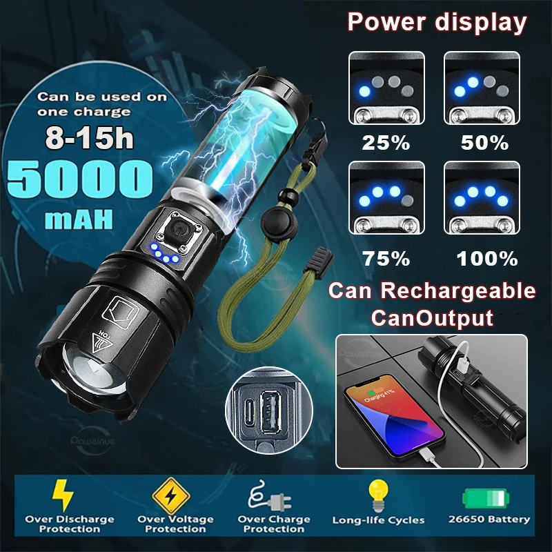 8800000LM lampe de poche LED la plus puissante 3000 Watts lampe torche  Rechargeable USB 5500 mètres lampe de poche haute puissance lanterne  tactique