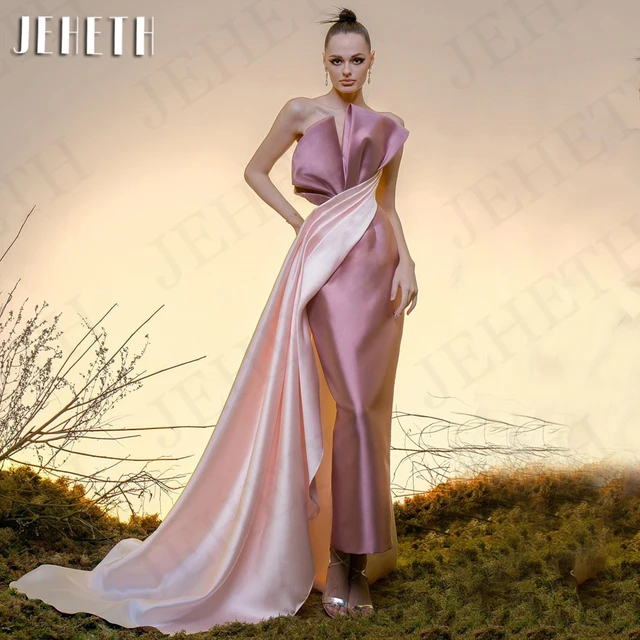 JEHETH Elegant Evening Dresses for Woman Party Mermaid Formal Satin Strapless Prom Dress Sleeveless Pink فساتين سهرة Customized 1