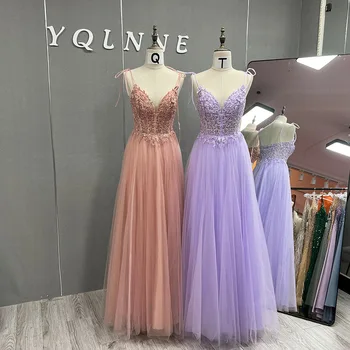 YQLNNE Blush Pink Long Prom Dresses Straps Tulle Embroidered Beading Back Zipper Formal Women Party Gown YQLNNE