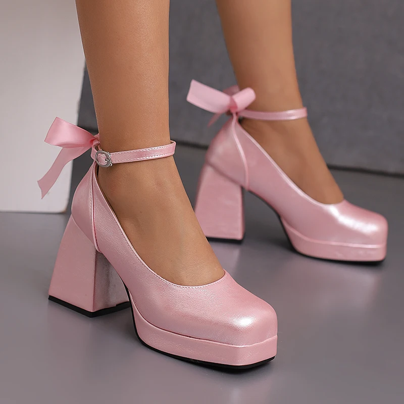 2024 Women Pumps Chunky High Heels Shoes Square Toes Mary Janes Platform Shoes Ankle Strap Ribbon Bow Decor