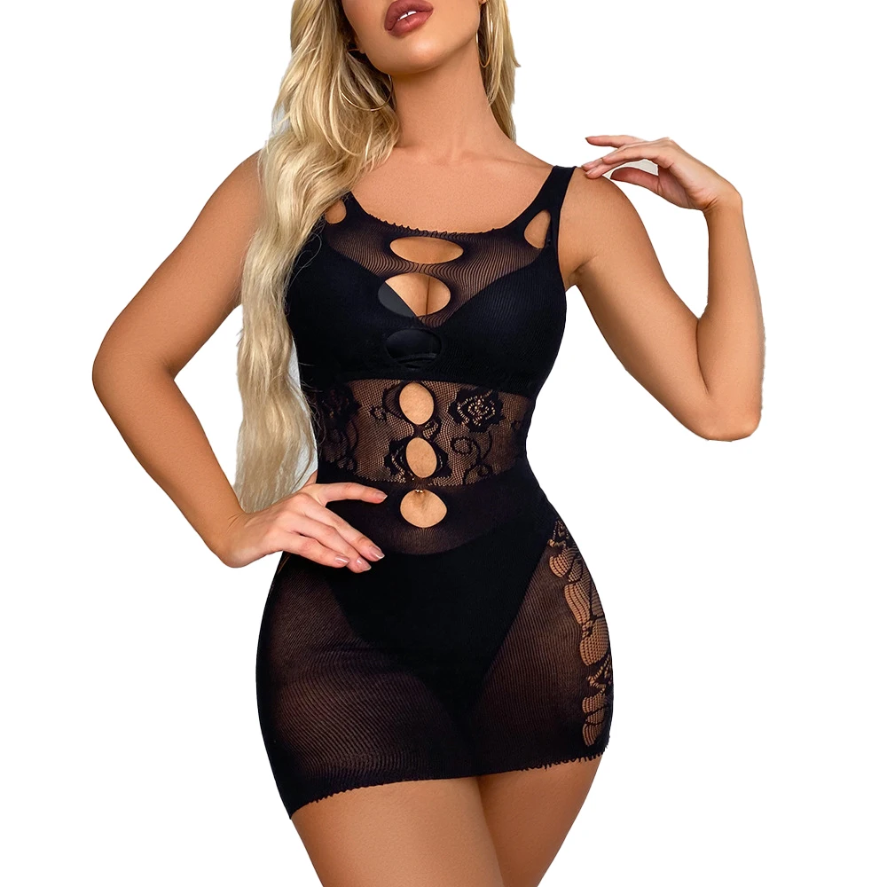 

Women's Mesh Crochet Spaghetti Strap Mini Dress, Black Bodycon, Hollow Out, Sexy, Party, Summer