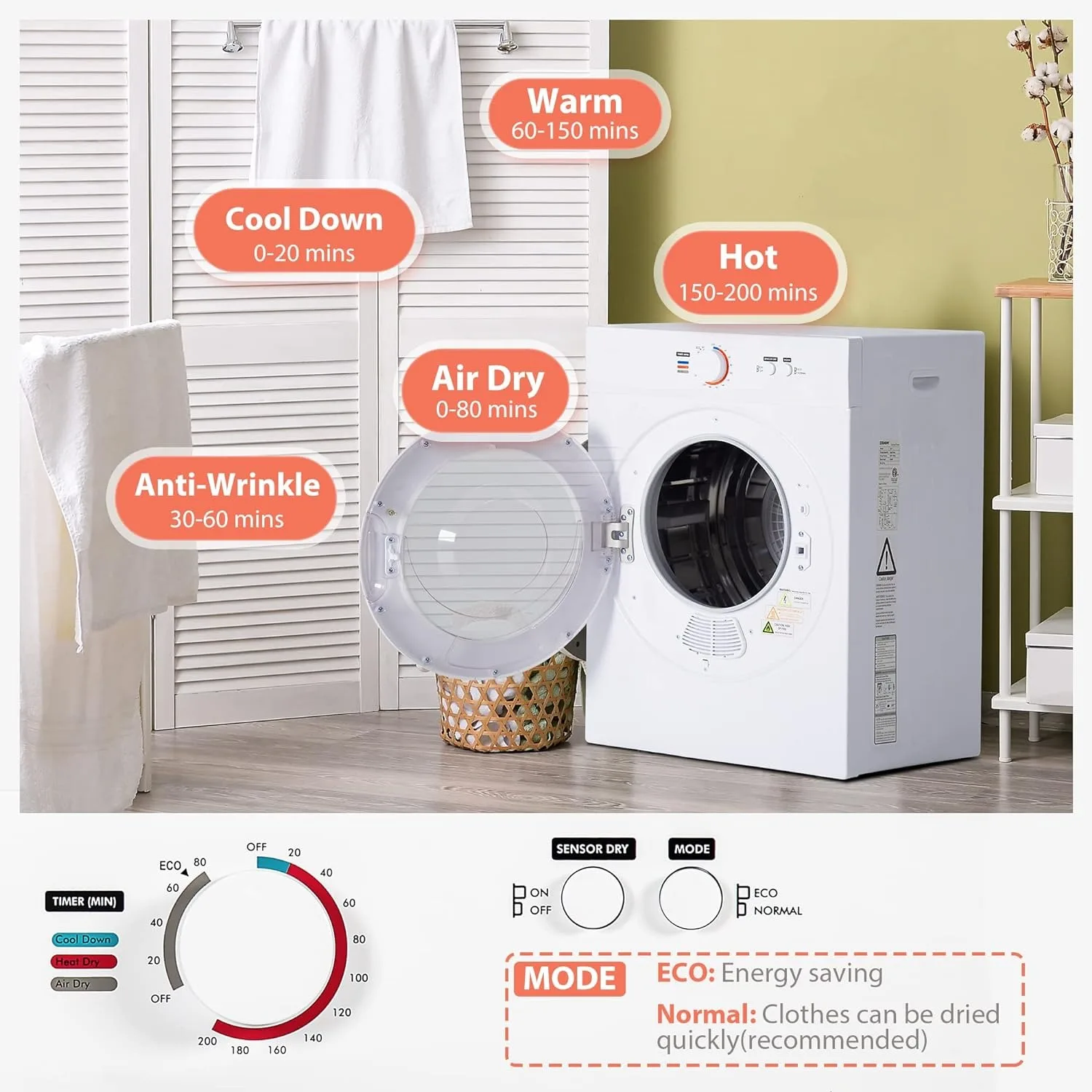 Compact Dryer 1.8 cu. ft. Portable Clothes Dryers with Exhaust Duct with Stainless Steel Liner Four Function Small Dryer Machine