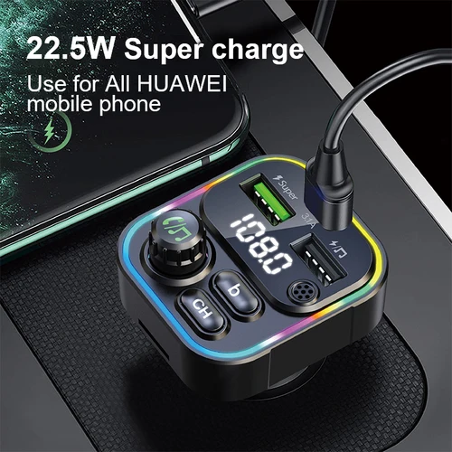 FM 송신기 블루투스 5.0 자동차 핸즈프리 오디오 Mp3 플레이어 어댑터 USB 22.5W 빠른 충전 유형-C 빠른 충전기 FM 변조기, FM 송신기 최대 3,1a 3