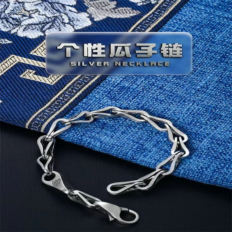 

S925 Sterling Silver Personalized Melon Seed Chain Retro Six Word Truth Chain Link Simple Thai Silver Bracelet For Men And Women