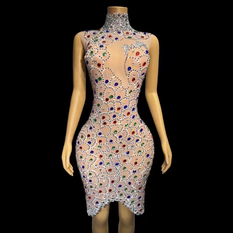 

Multicolor Rhinestones Nude Mesh TransparentDress Sleeveless Outfit Dance Costume BirthdayCelebrate Evening Show yulin C111