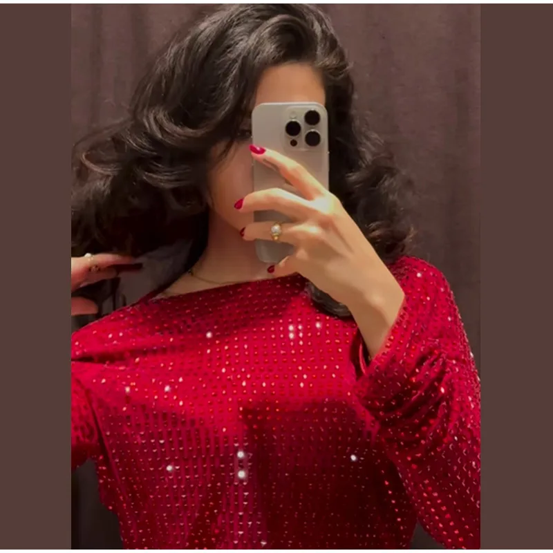 Sexy Sequins Backless Red Christmas Mini Dress Shiny O-neck Long Sleeve Dresses Female New Lady Slim Party Club Gowns