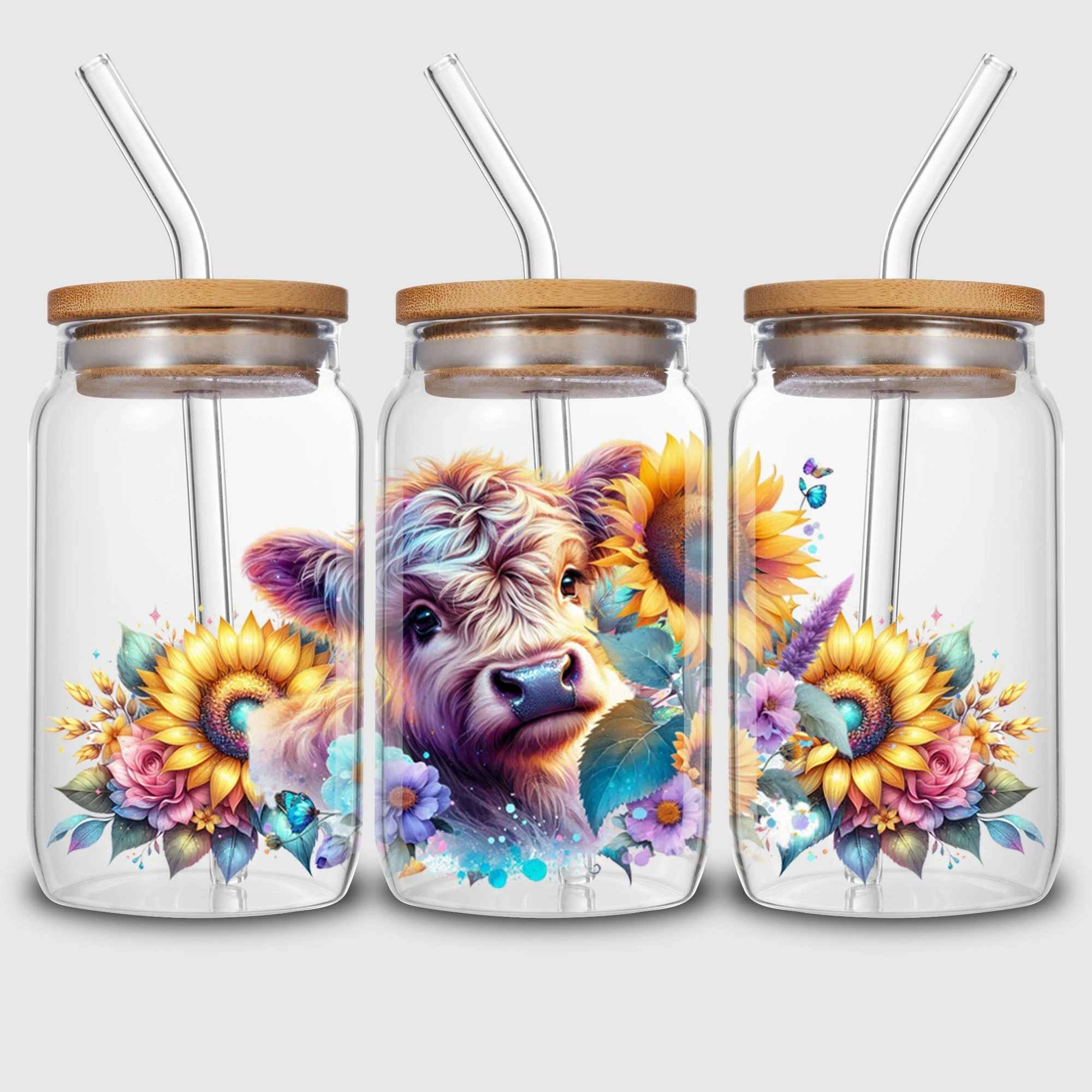 5 Sheets Highland Cow UV DTF Cup Stickers DTF Transfer Stickers Waterproof Funny Cow Wipe-Off Transfer Paper for 16oz Glass