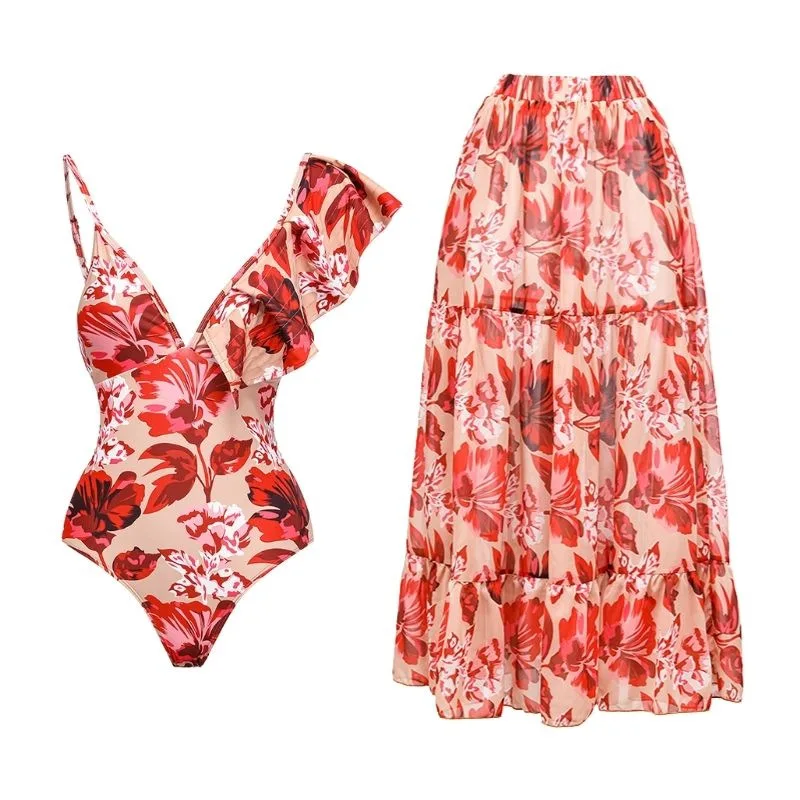 NewWomenFashionFloralPrintSwimwearAsymmetricalRuffleOnePieceSwimsuitCoverUpOne