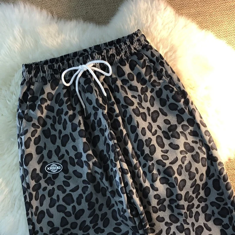 Loose Tie Sports Pants Ins Women New Tide All-Match Loose Trouser 2024 Fall New Korean Vintage Sexy Leopard Print Casual Pants