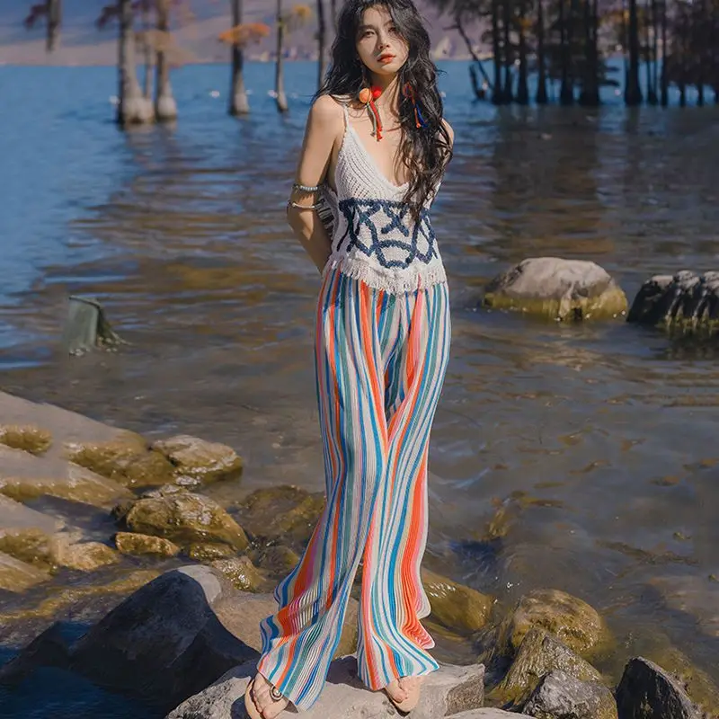 

Women Clothing 2023 Popular Pleated Rainbow Striped Wide Leg Pants Spring Summer Design Sense Loose Flared High Waist Long Pants