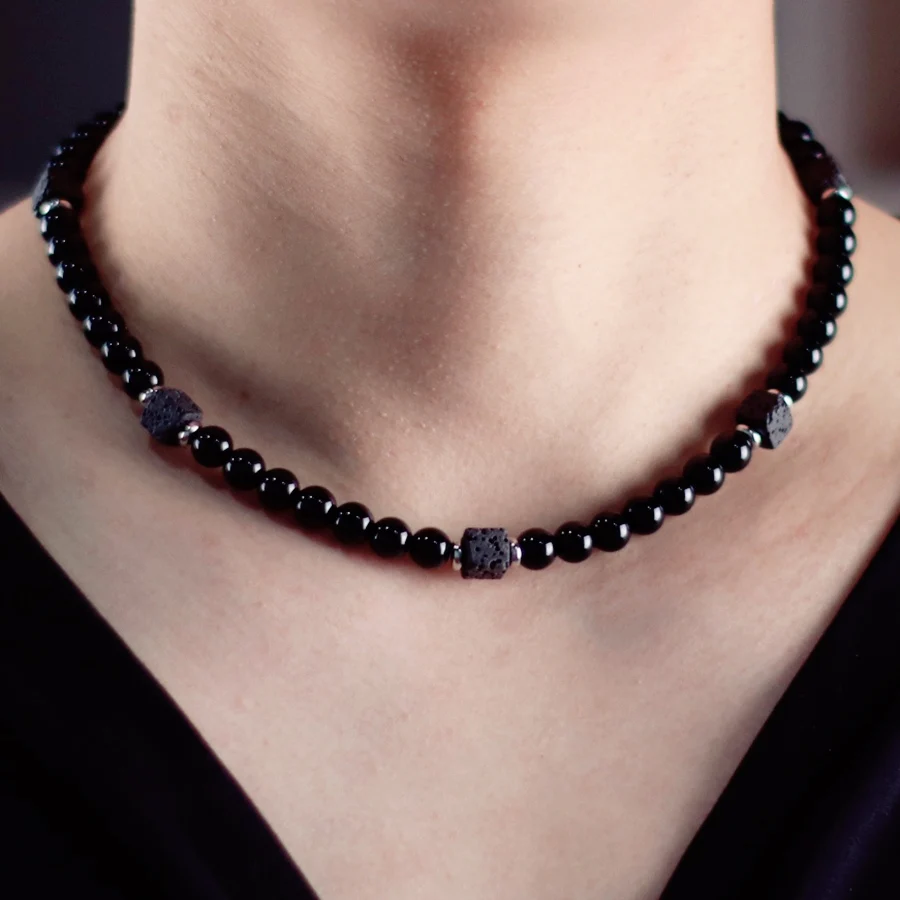 Men Black Lava Onyx Obsidian Stone Choker Necklace