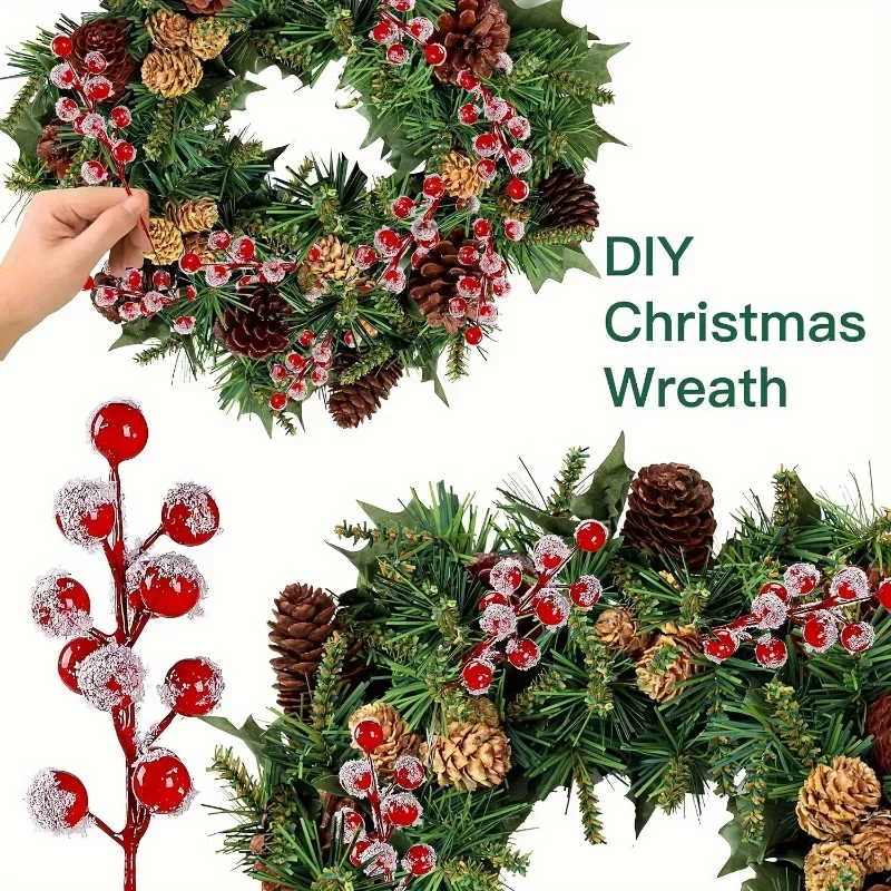 5Pcs Christmas Decoration Artificial Red Fruit Holly Berries Red Berry Branches for Christmas Tree Pendant Wreath Gift Ornament