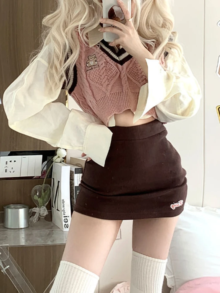 

Autumn Preppy Style 3 Piece Set Women Korean Style Long Sleeve Mini Skirt Suit Female Casual Blouse＋Cute Vest＋Elegant Skirt 2023
