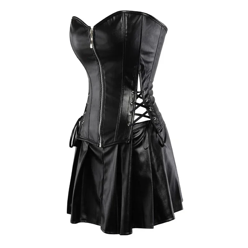 Faux Leather Corset Top Women Leather Corset Dresses Zipper Gothic PU Leather Corset Sexy Ladies Eyelet Up Pleated Dress Corsets