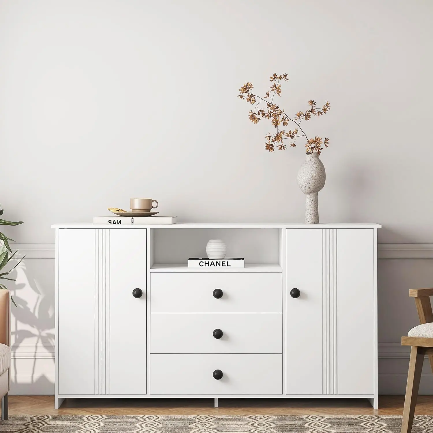 

Wanttii Sideboard Buffet Cabinet with Storage, 59" Large Kitchen Storage Cabinet with 3 Drawers and 2 Doors, Wood Coffee Bar