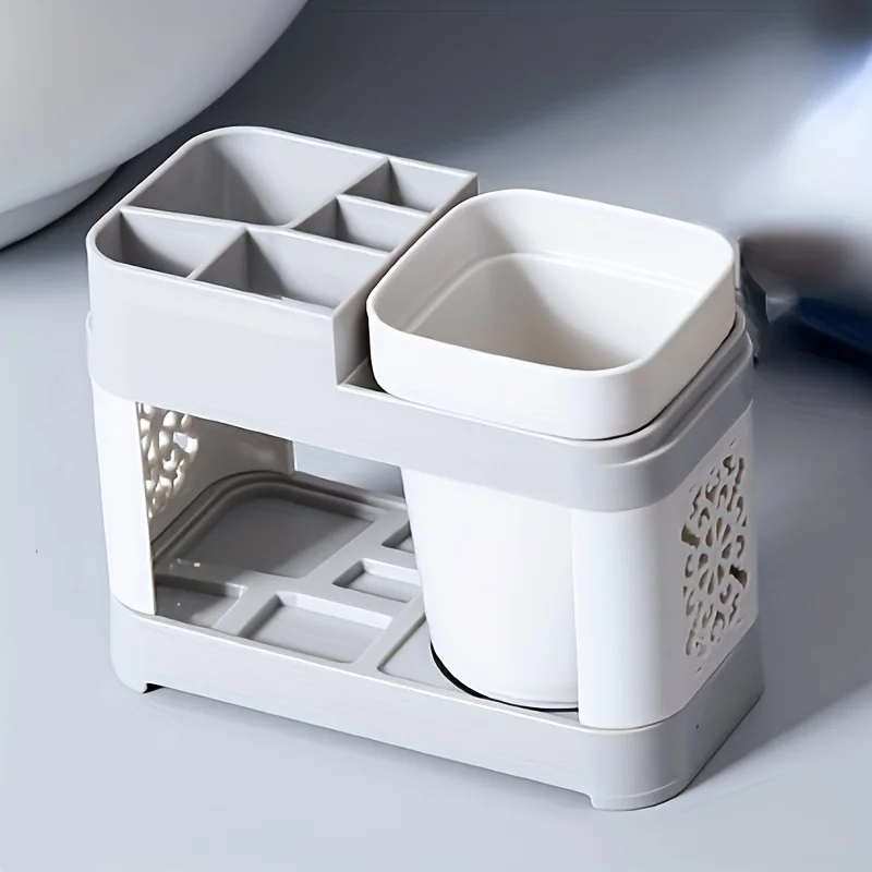 1pc New Chic Hollow Design Toothbrush & Toothpaste Holder Set with Drain-Ideal for Bathroom Organization, Home Decor
