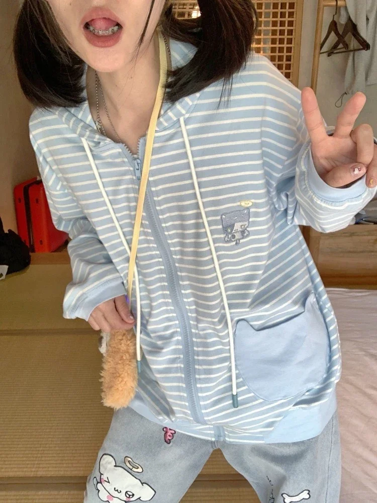 HOUZHOU Y2k Harajuku Kawaii Striped Hoodie Women Korean Fashion Cat Embroidery Zip Up Oversized Sweatshirt Preppy Autumn 2023