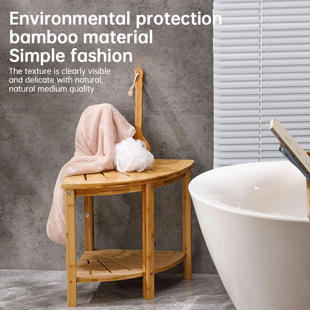 Corner Shower Stool with Storage Rack Anti-slip Natural Bamboo Shower Bench Multifunctional Shower Caddy Bathroom Organizer