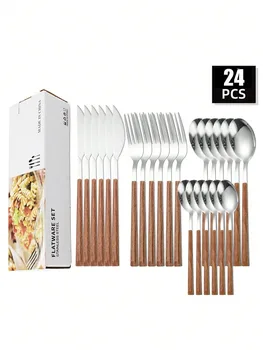 Set di posate in acciaio inossidabile da 4/16/24 pezzi con manici in plastica che imitano il design di venature del legno, adatto per cucine domestiche, feste 1