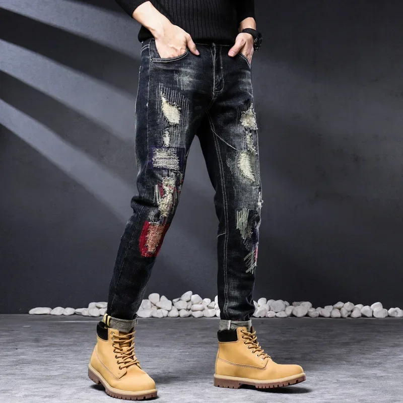 

2023 New Men's Black Jeans Spring Autumn Cotton High Qual Pants Distressed Stretch Ripped Hip Hop Slim Fit Holes Punk Denim