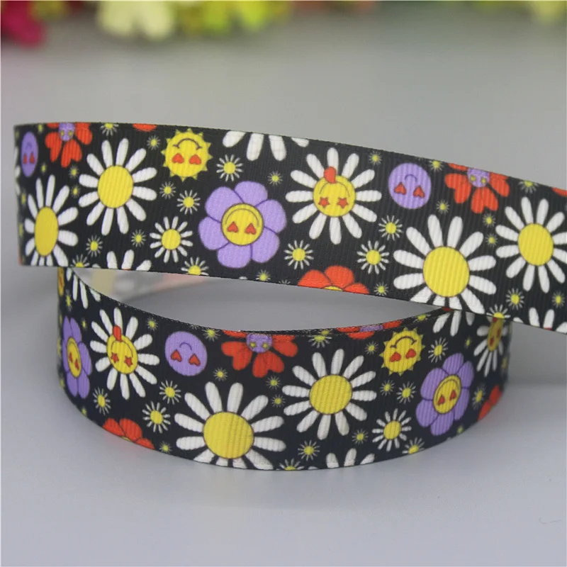 Flower Sunflower Printed Grosgrain Ribbon DHK 7/8'' 5yards Accessories Material Headwear Decoration DIY Sewing Craft C2057