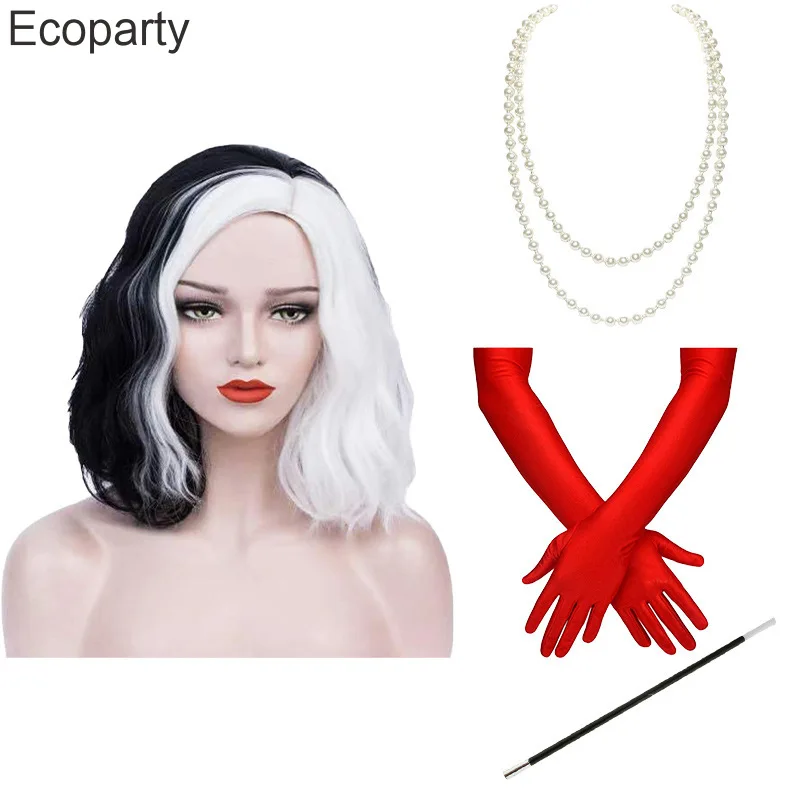 

Парик для косплея Cruella Deville De Vil, термостойкие короткие вьющиеся волосы для Хэллоуина, реквизит, 2022