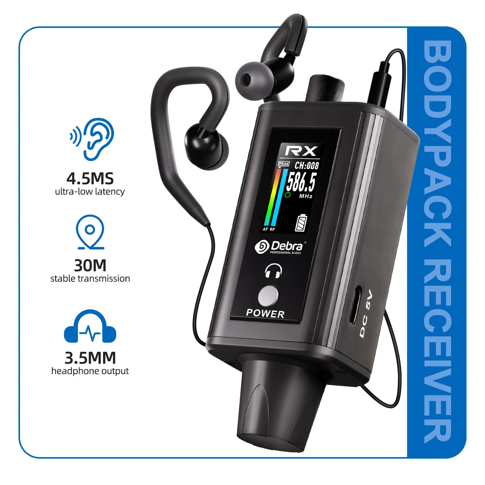 데브라 EMX-1 오디오 UHF 스테레오 IEM 무선 모니터링 시스템 휴대용 충전식, 화면에 16개의 조절 가능한 주파수 표시
